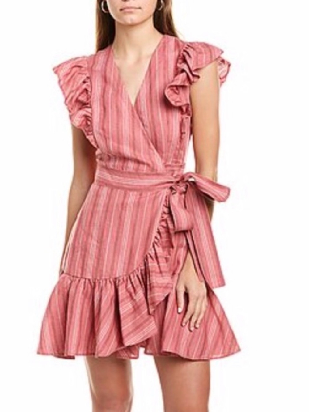 Rebecca Taylor 100% Linen Striped Ruffle Wrap Mini Dress Rose Pink Size 6 Boho
